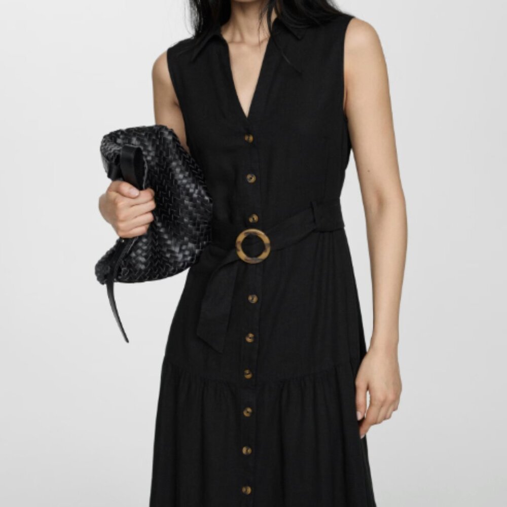 Mango Belt Shirt Linen Dress, Black
